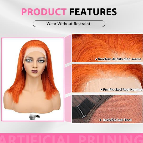 #350 Orange Straight Bob Wig 13x4 HD Lace Front Bob Wig Human Hair