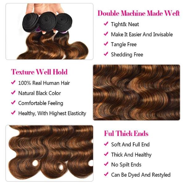 Balayage Hair Color 3 Bundles with Lace Closure Pre Plucked Free Part Highlights Ombre Hair Bundles Body Wave