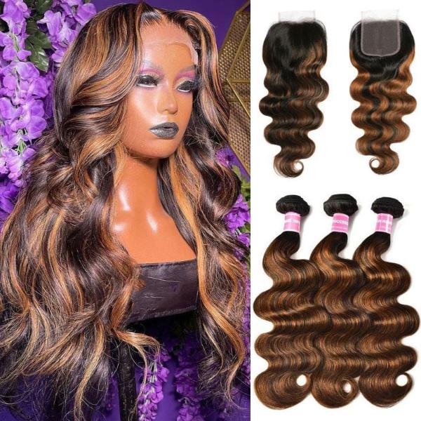 Balayage Hair Color 3 Bundles with Lace Closure Pre Plucked Free Part Highlights Ombre Hair Bundles Body Wave