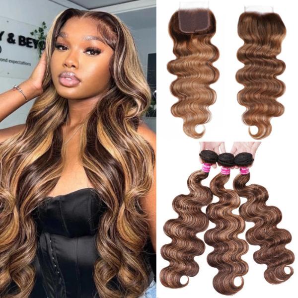 3 Bundles with Lace Closure Ombre Honey Blonde Highlight Color
