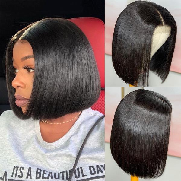 Glueless Pre-Cut 4x4 HD Lace Closure Human Hair Short Bob Wigs Straight Wear and Go Wigs
